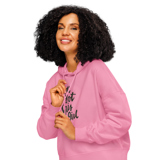 Woman wearing pink organic hoodie with text 'You got this girl', on a white background