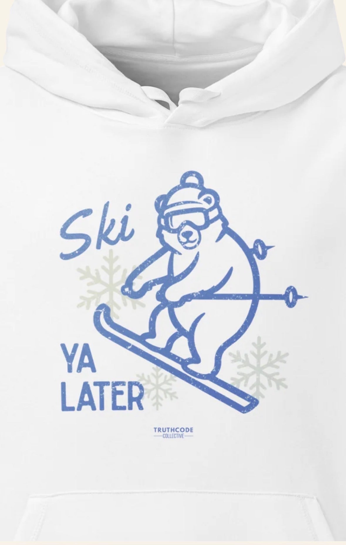 White organic hoodie with blue bear skiing design and text 'Ski Ya Later' on a white background