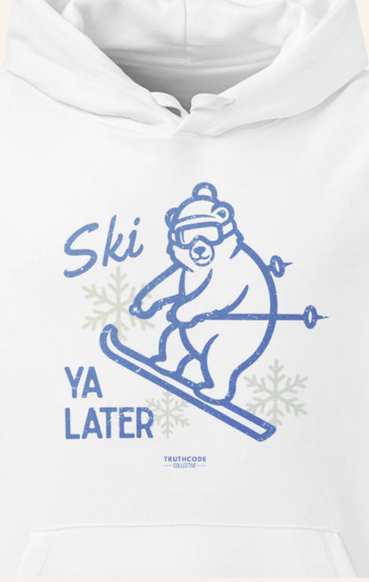 White organic hoodie with blue bear skiing design and text 'Ski Ya Later' on a white background