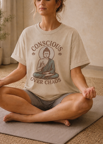 A woman sits cross-legged on a yoga mat in a warm indoor setting, wearing a beige graphic T-shirt with a Buddha illustration and the words 'CONSCIOUS OVER CHAOS' on the front.