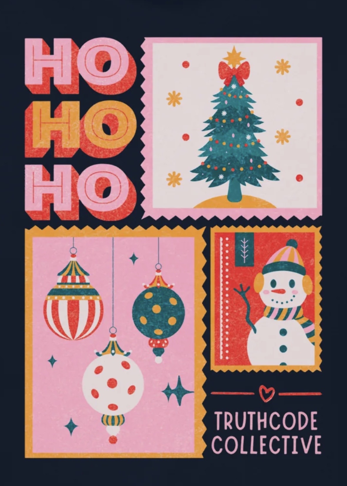 Close view of navy blue t-shirt with Christmas card-themed illustrations and 'HO HO HO' text
