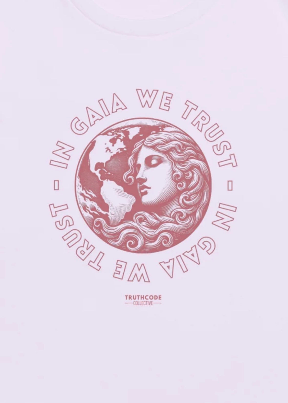 Close view of lavender organic t-shirt with graphic design of earth and a woman and text 'In Gaia we trust' on a white background