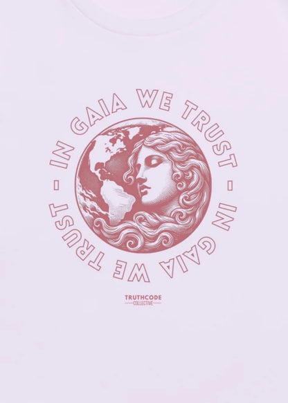 Close view of lavender organic t-shirt with graphic design of earth and a woman and text 'In Gaia we trust' on a white background