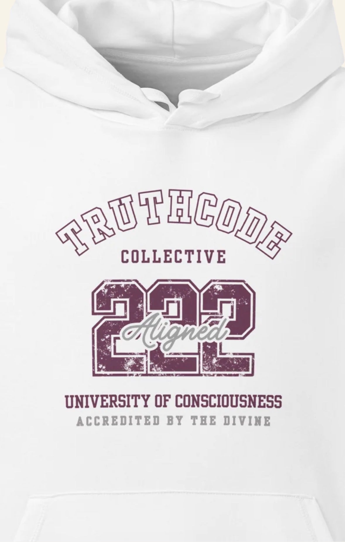 White organic hoodie with 'Truthcode Collective, 222 Aligned, university of consciousness, accredited by the divine text and design on a white background
