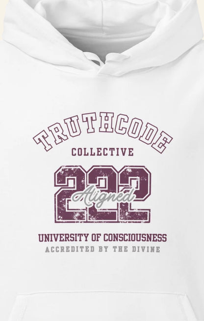 White organic hoodie with 'Truthcode Collective, 222 Aligned, university of consciousness, accredited by the divine text and design on a white background