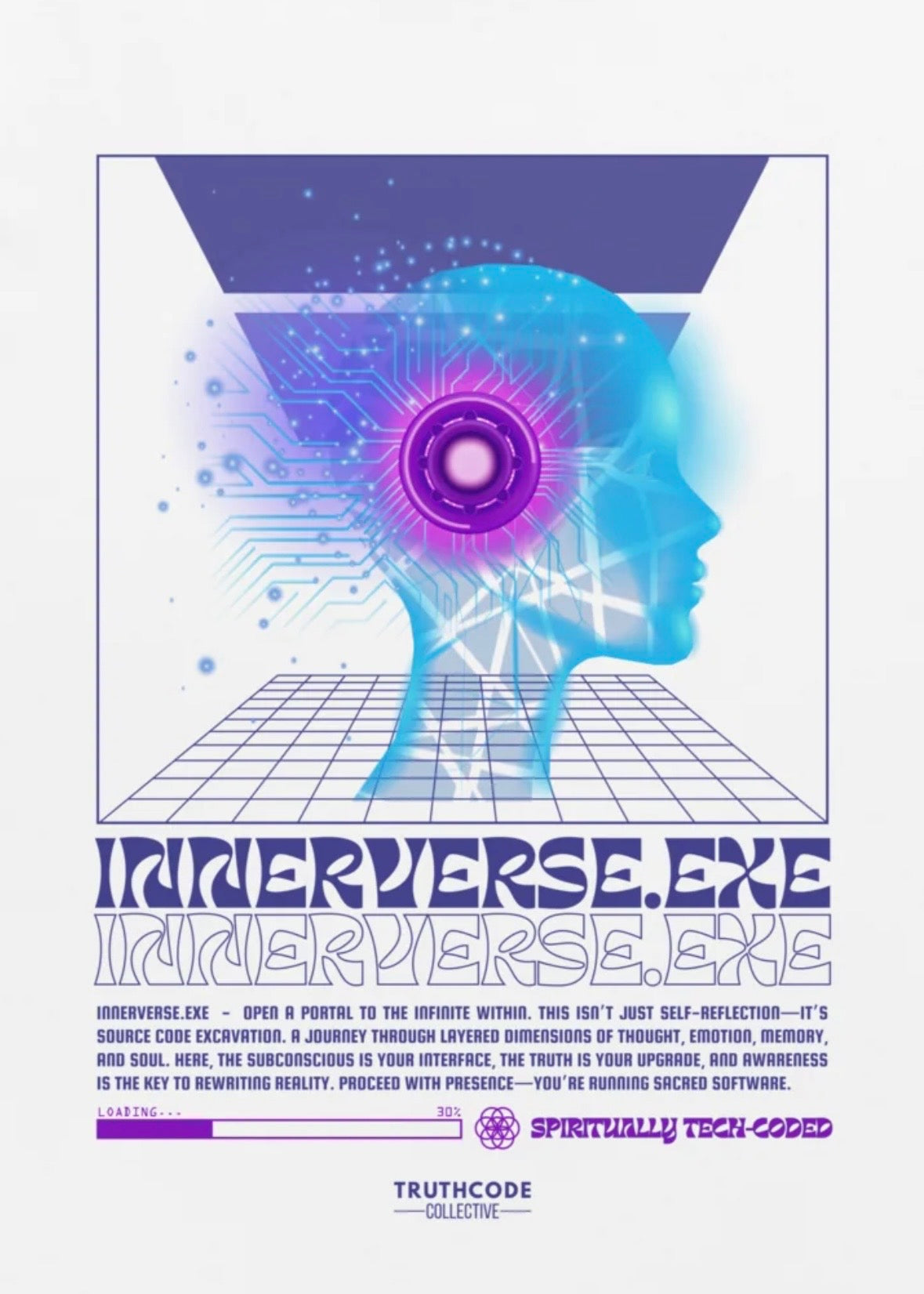 Close view of white tee with futuristic design of a stylized head and grid design, featuring the text 'Inderverse.exe' 