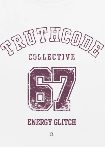 Close view of white t-shirt with text design 'TRUTHCODE COLLECTIVE' and '67 ENERGY GLITCH' 