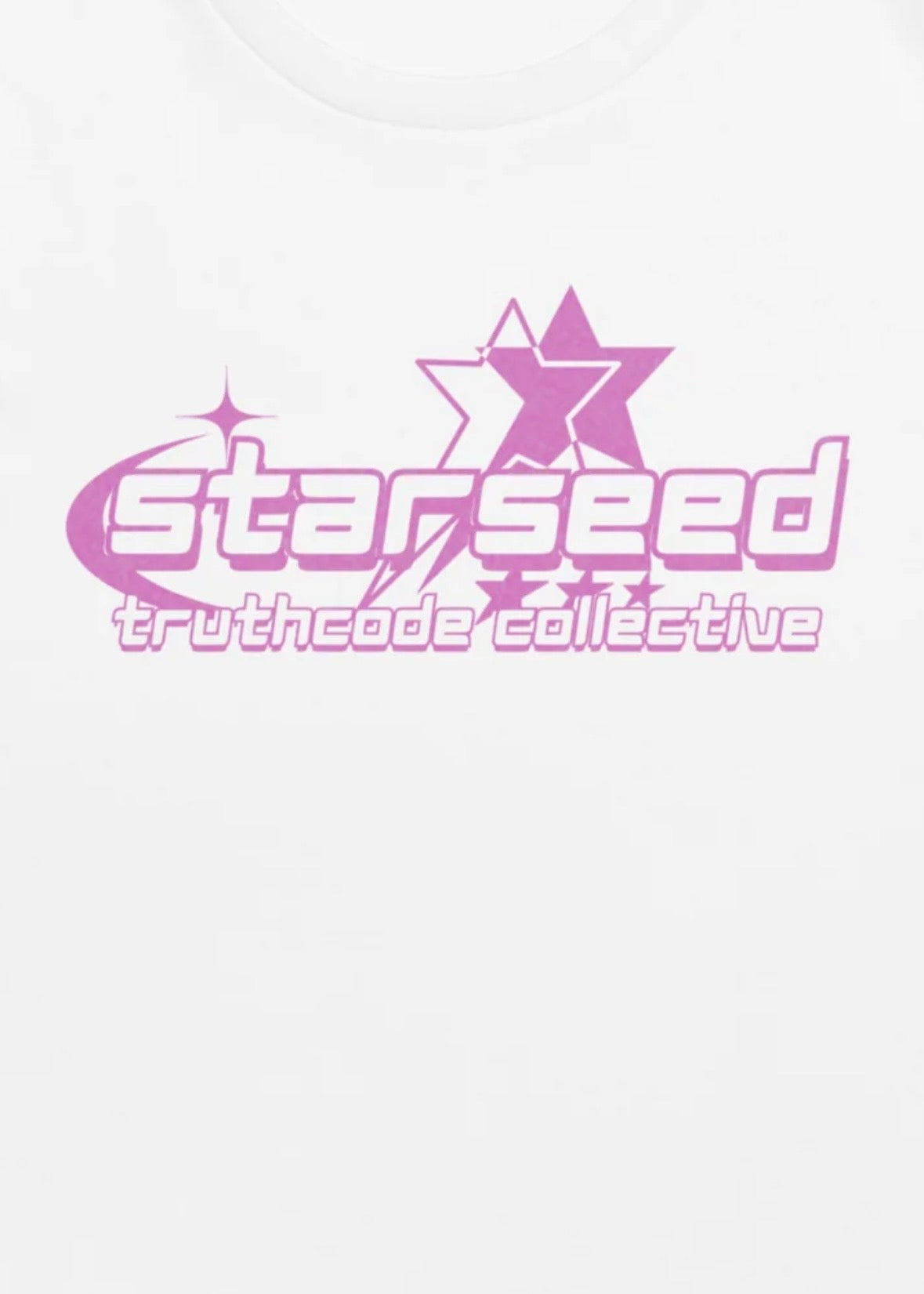 Close view of white t-shirt with text design 'Starseed Truthcode Collective' with a star graphic design.