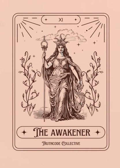 Close view of peach organic t-shirt with 'The Awakener' tarot card design, on a white background