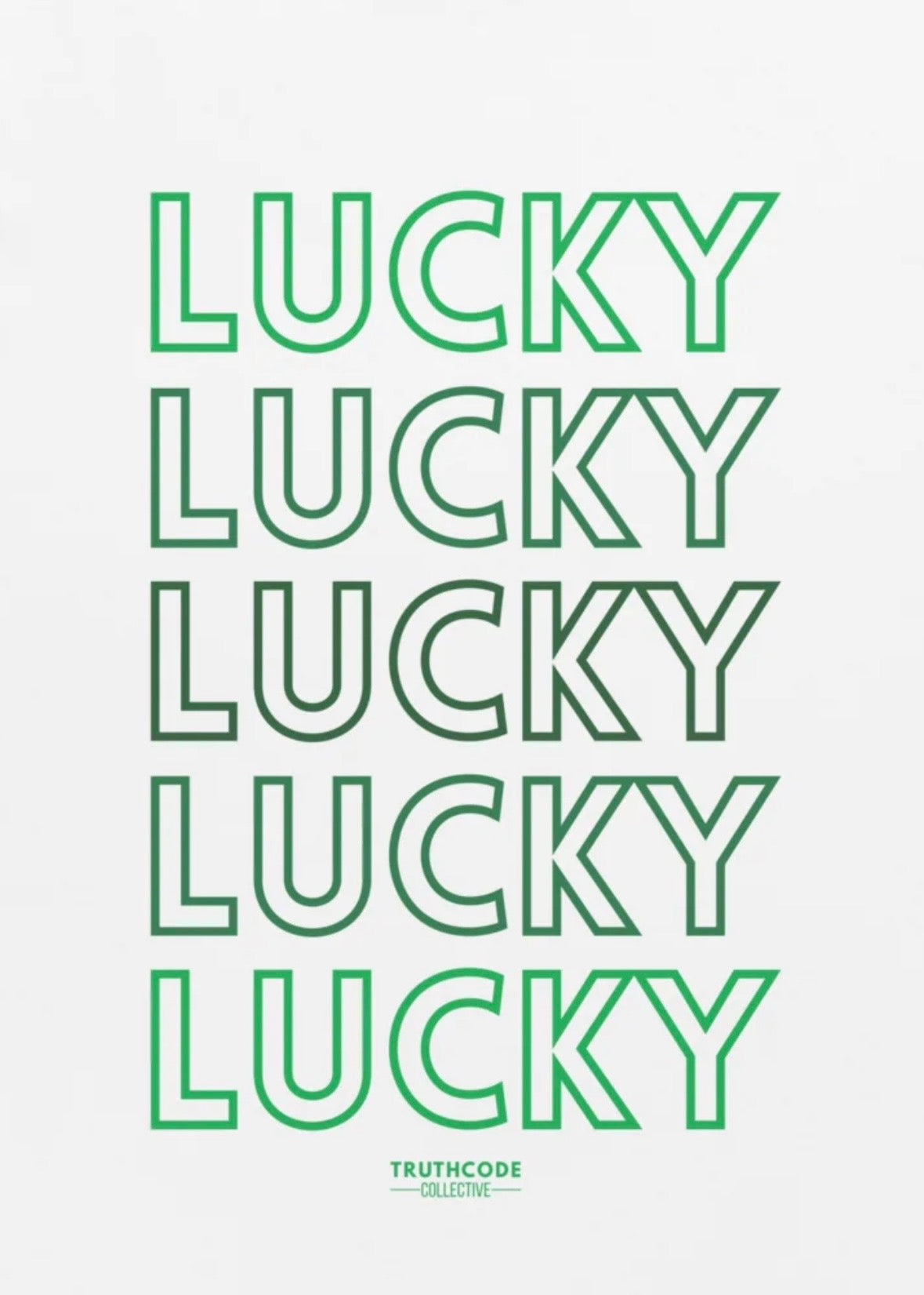 Repetitive text 'LUCKY' in green on a white background with 'TRUTHCODE' branding.