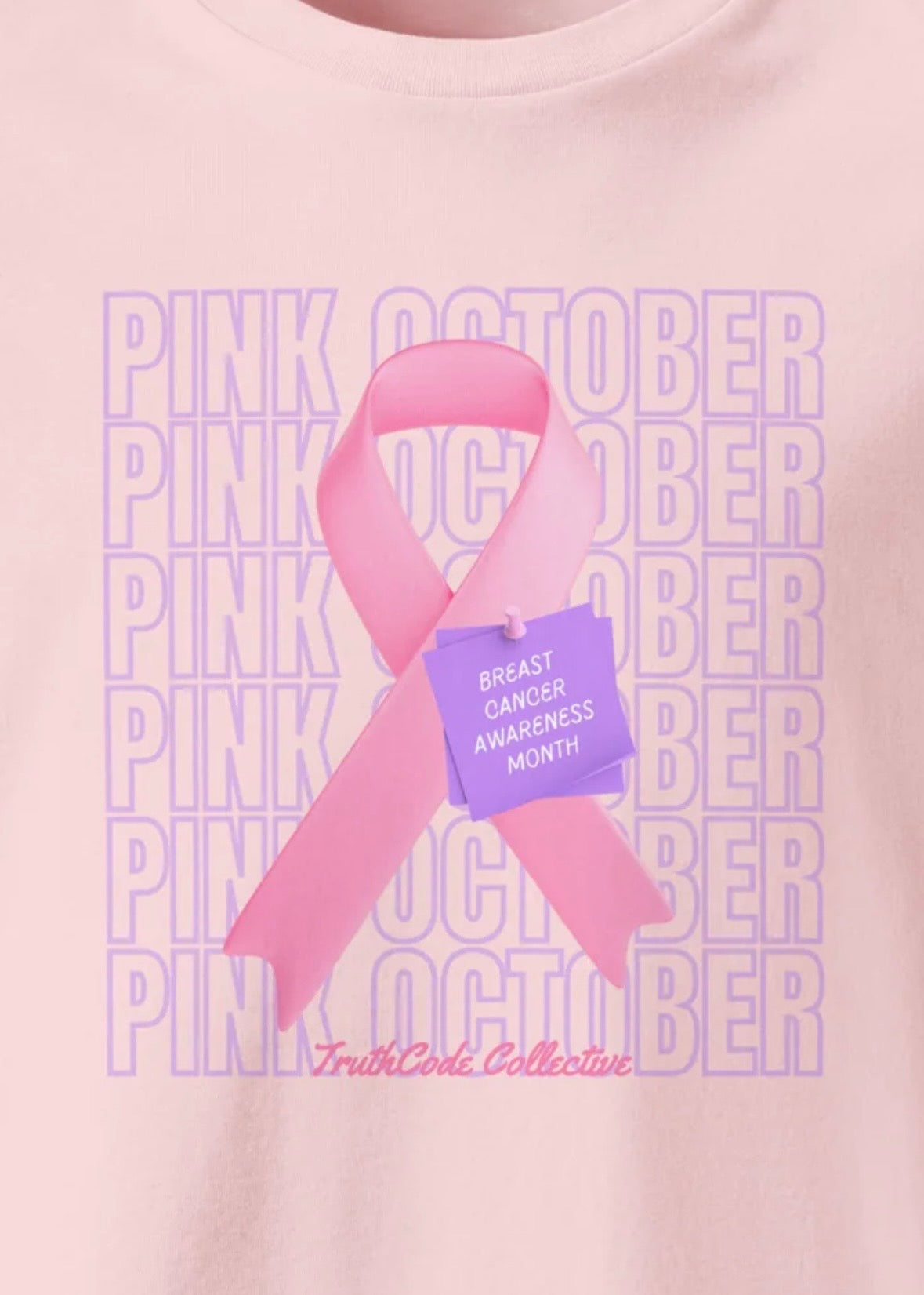 Close view of pink shirt with breast cancer awareness ribbon and 'Pink October' text repeating in the background