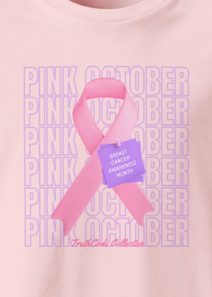 Close view of pink shirt with breast cancer awareness ribbon and 'Pink October' text repeating in the background
