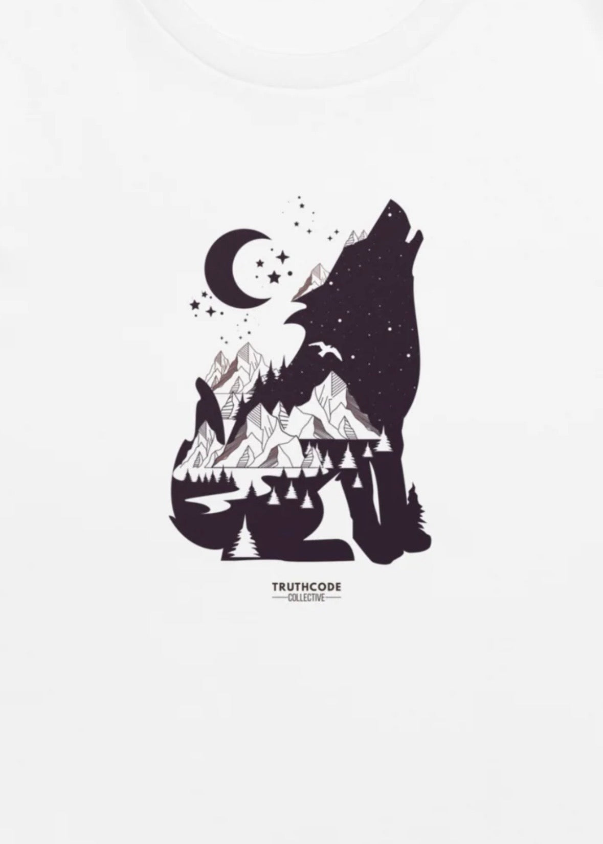 Close view of graphic design of black silhouette of a wolf howling at the moon with mountain and star design.