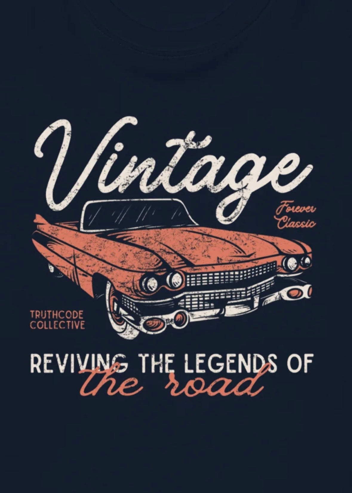 Close view of navy blue vintage car design with text 'Reviving the legends of the road'