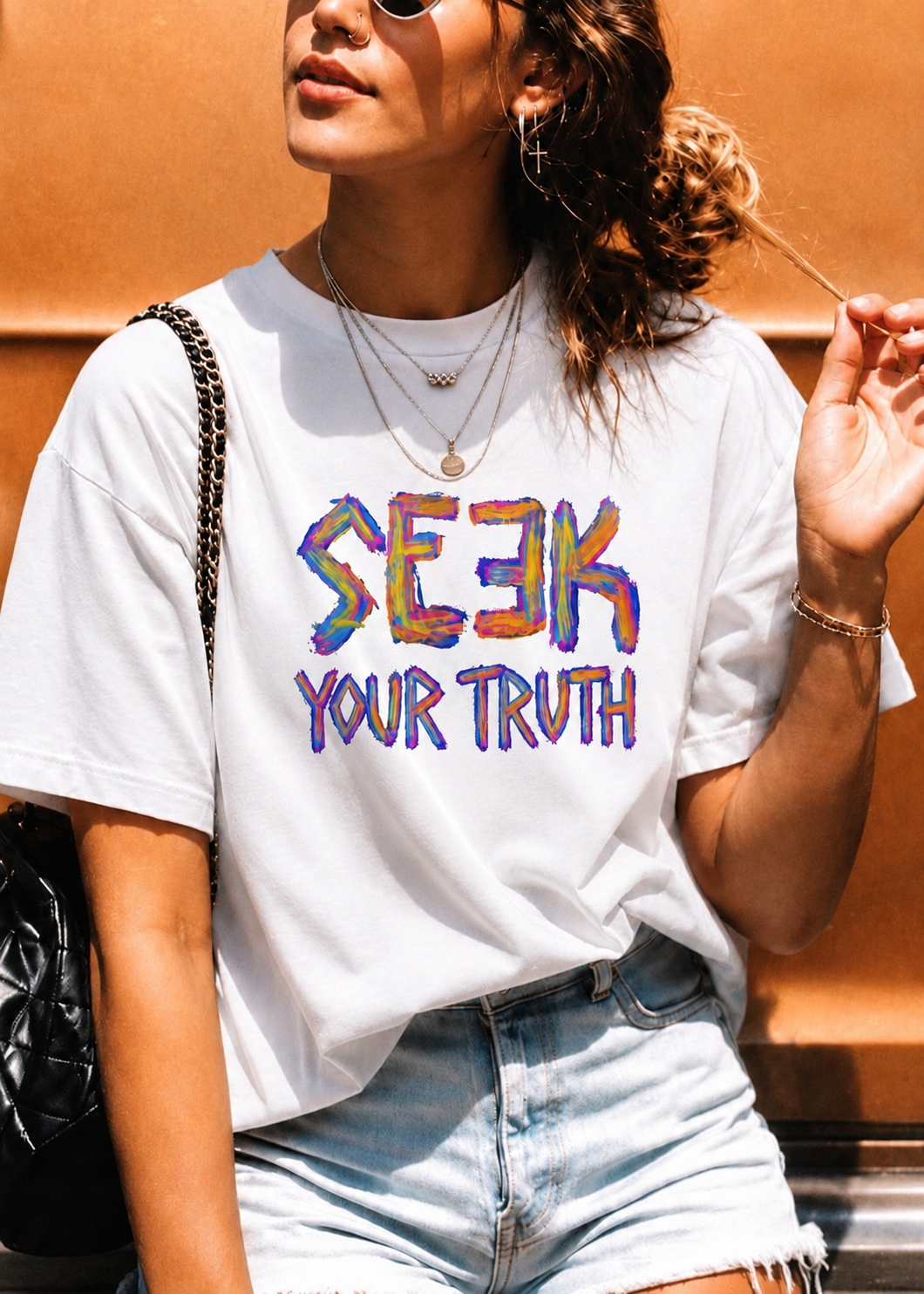 A woman wearing a white graphic t-shirt with the text 'SEEK YOUR TRUTH' in a colorful, graffiti-style font. She is also wearing light-wash denim shorts, layered silver necklaces, and a black quilted shoulder bag, set against a warm, textured orange wall.