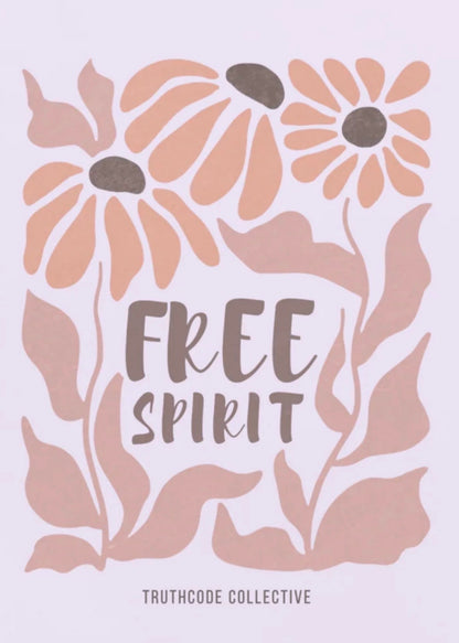 Close view of lavender organic t-shirt with pink floral design and 'Free Spirit' text, on a white background