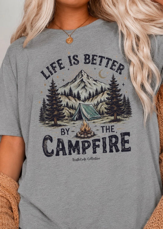 Gray t-shirt with 'Life is Better by the Campfire' graphic design.