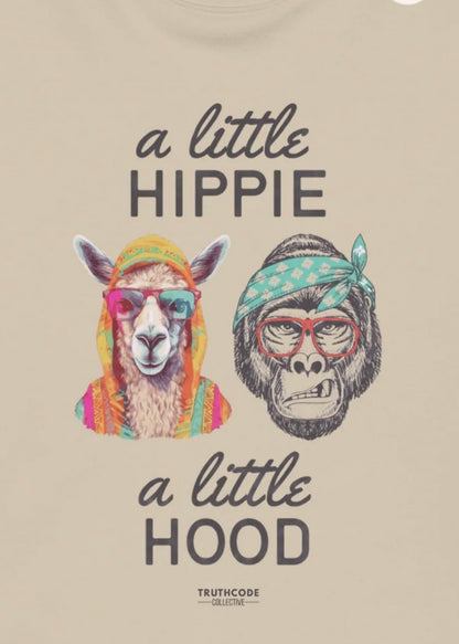 Close view of beige organic sweatshirt with graphic design of colorfully clothed llama and gorilla in a headband with text 'A little hippie, a little hood' on a white background