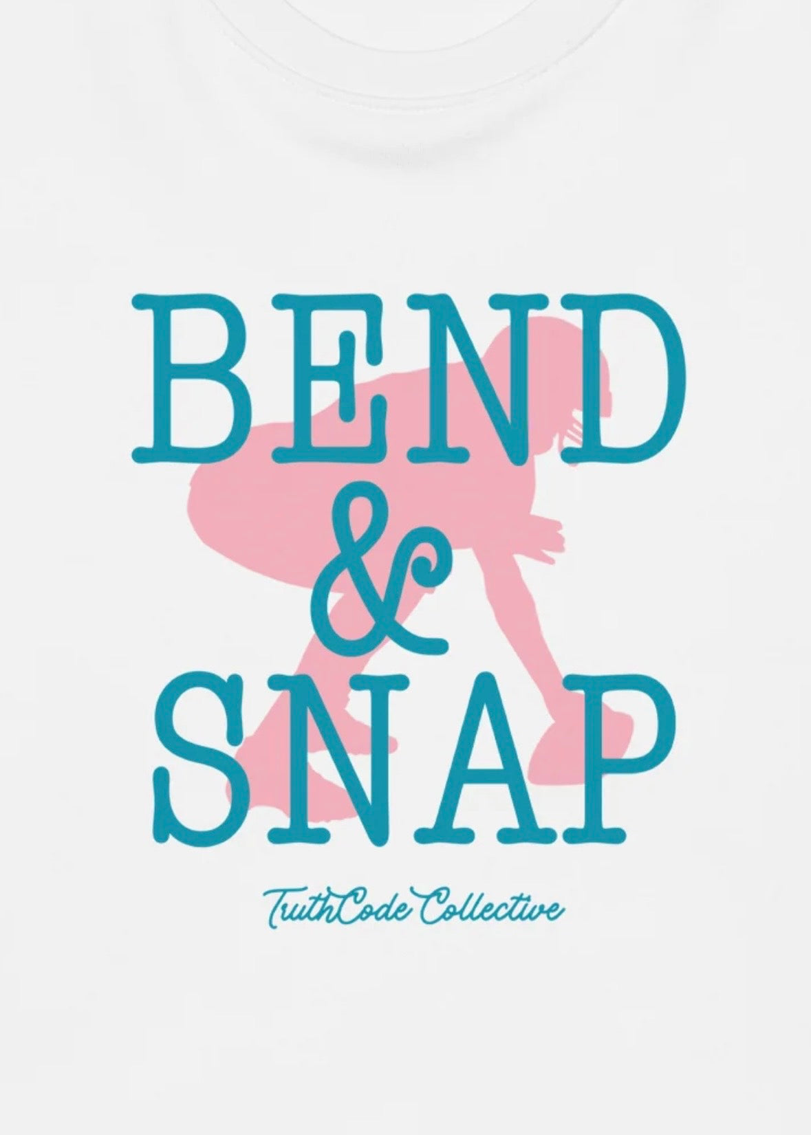 Close view of white sweatshirt with silhouette of a football player snapping the ball and 'Bend & Snap' text 