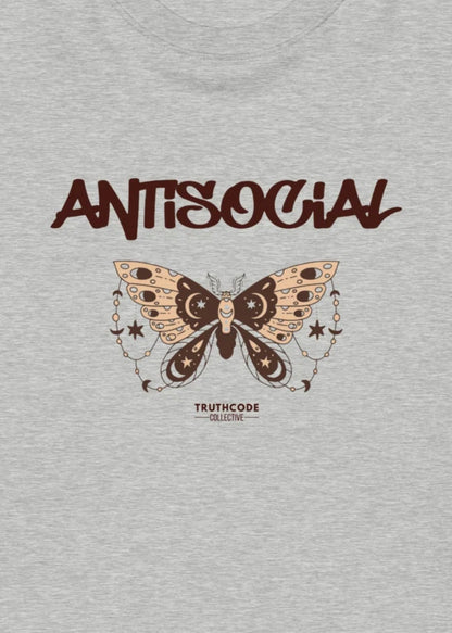 Close view of gray sweatshirt with a butterfly graphic and 'ANTISOCIAL' text 