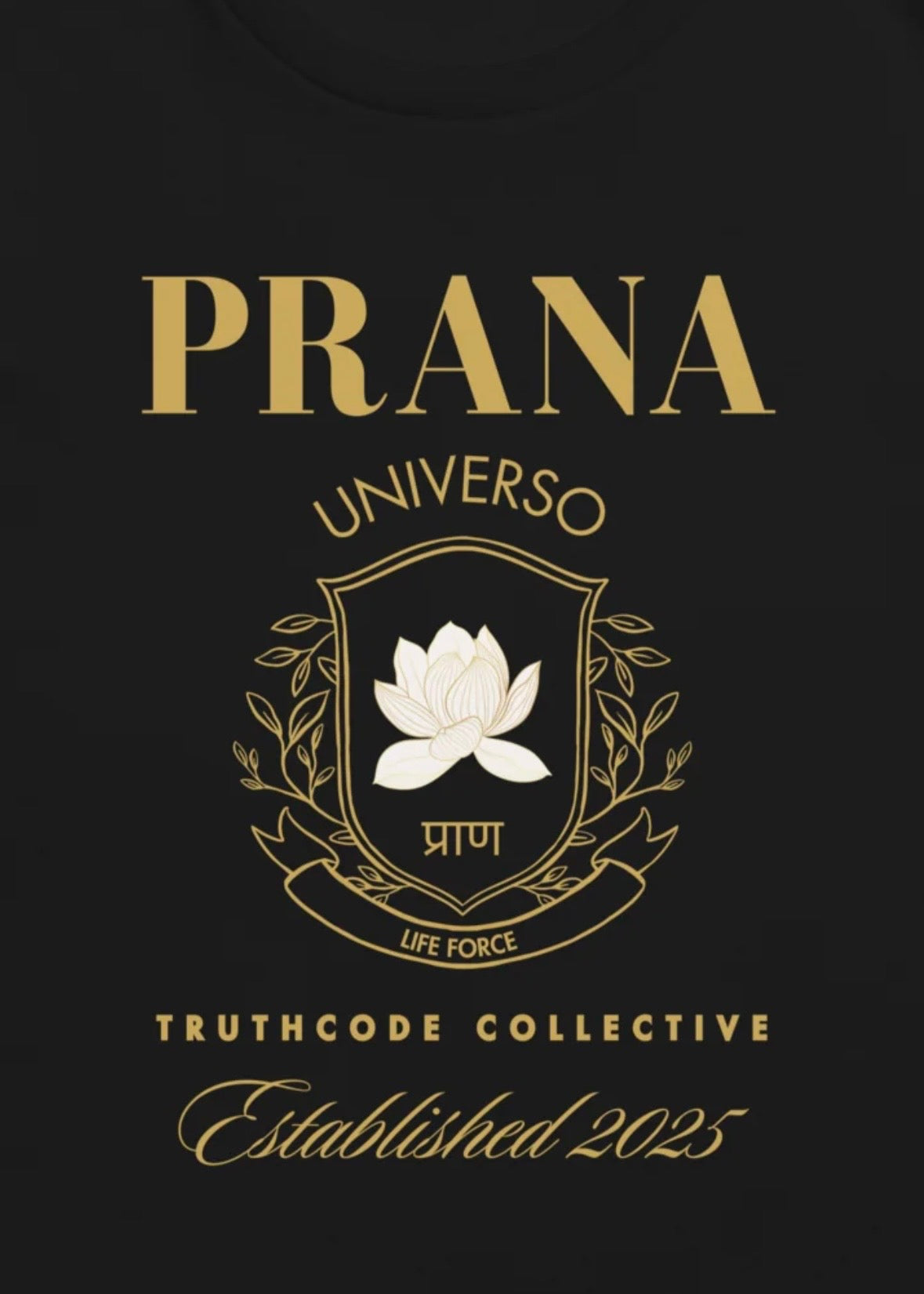 Close view of black t-shirt with gold 'Prana Universo' crested logo design 