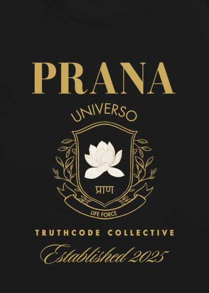 Close view of black t-shirt with gold 'Prana Universo' crested logo design 