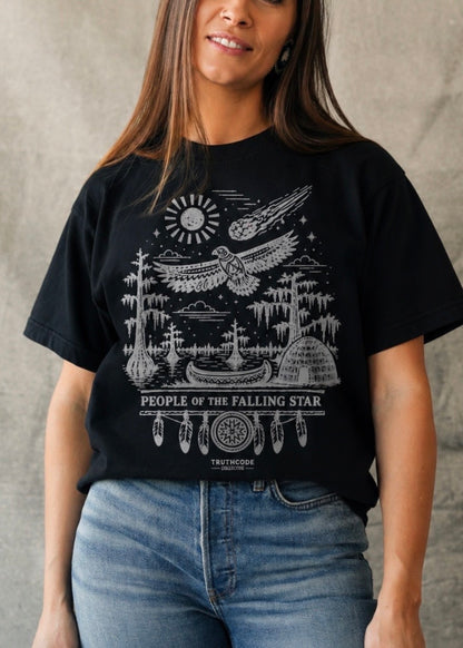 Person wearing a black t-shirt with a graphic design and text, standing against a neutral background. Text says 'People of the Falling Star'.