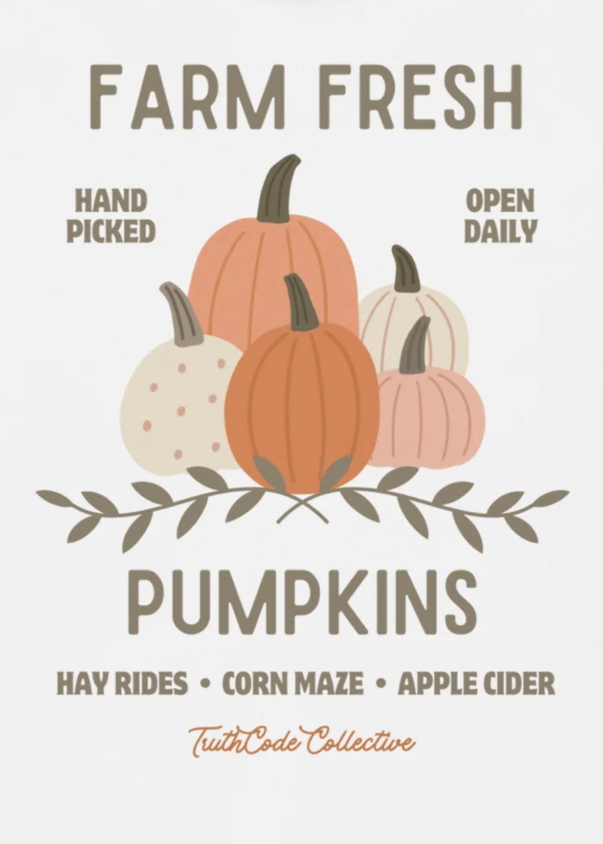 Poster with pumpkins and fall-themed 'farm fresh pumpkin' text on a white sweatshirt background.