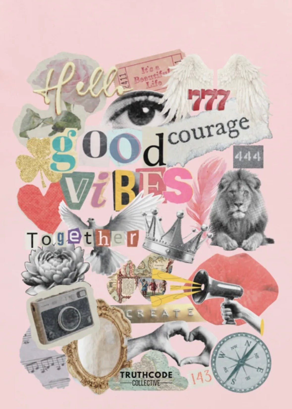 Close view of a pink t-shirt with a graphic design of a magazine clipping type collage of various positive and encouraging symbols and words 'Hello, courage, good vibes, create, together' 