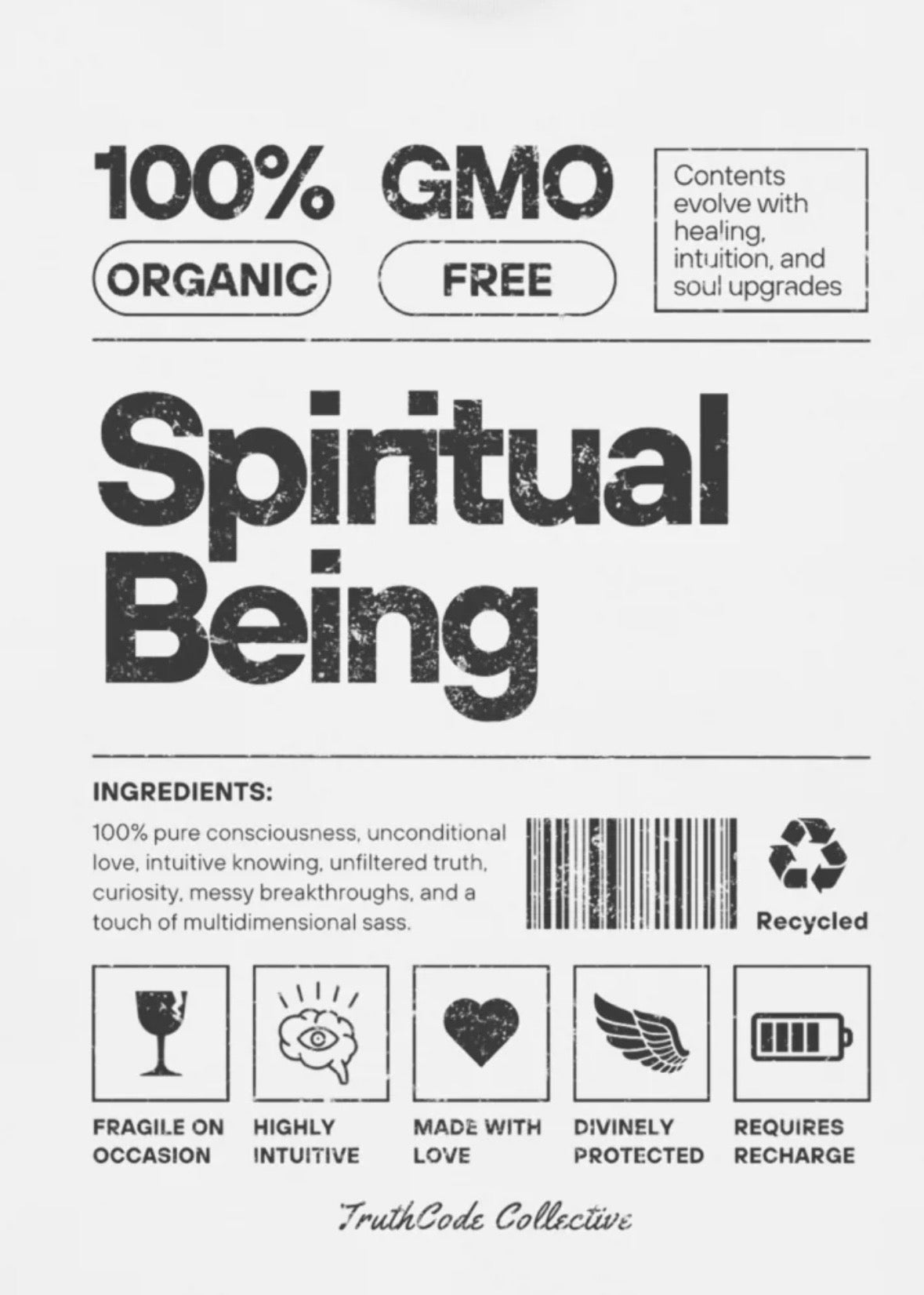 Close view of a white t-shirt with laundry tag style label and text 'Spiritual Being' product with text and icons relating to it