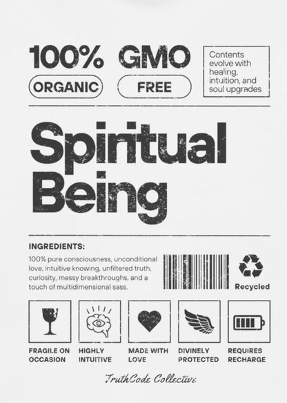 Close view of a white t-shirt with laundry tag style label and text 'Spiritual Being' product with text and icons relating to it