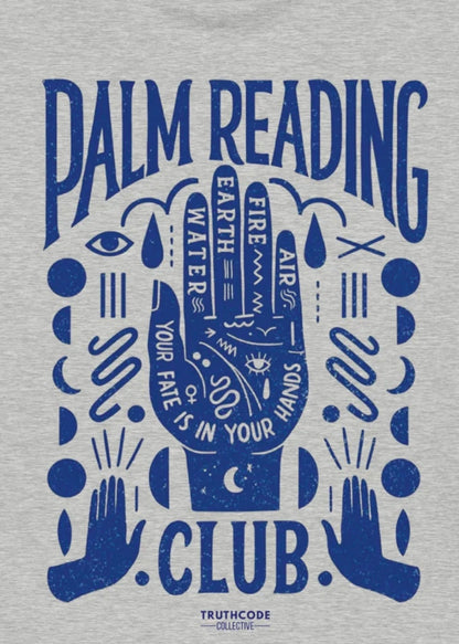 Close view of gray sweatshirt with blue palm reading design and 'Palm Reading Club' text 