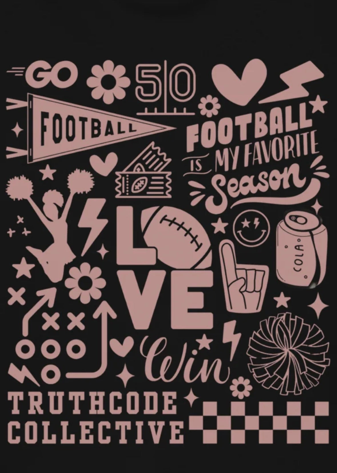 Close view of black sweatshirt with a collection of football-themed graphics and text 'Football is my favorite season'
