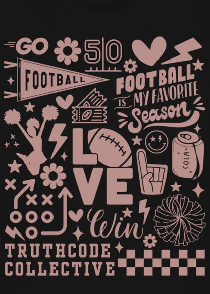 Close view of black sweatshirt with a collection of football-themed graphics and text 'Football is my favorite season'