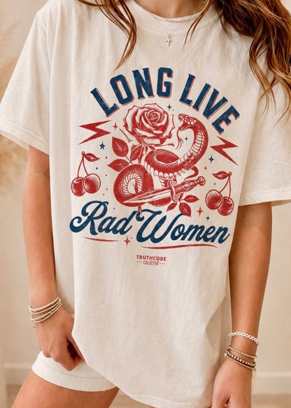 White t-shirt with graphic design and text 'Long Live Rad Women' worn by a person. Design includes cherries, rose, snake.