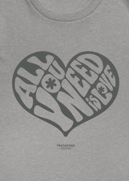 Close view of gray heart-shaped logo and text 'All you need is love', against a white background