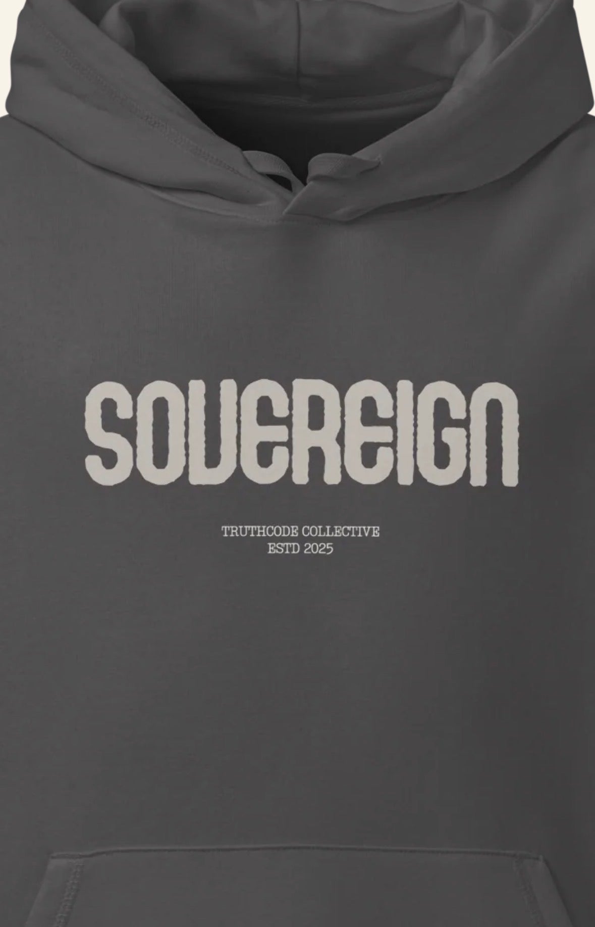 Dark gray organic hoodie with 'Sovereign' text design, featuring the Truthcode Collective logo, on a white background