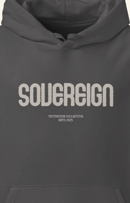 Dark gray organic hoodie with 'Sovereign' text design, featuring the Truthcode Collective logo, on a white background