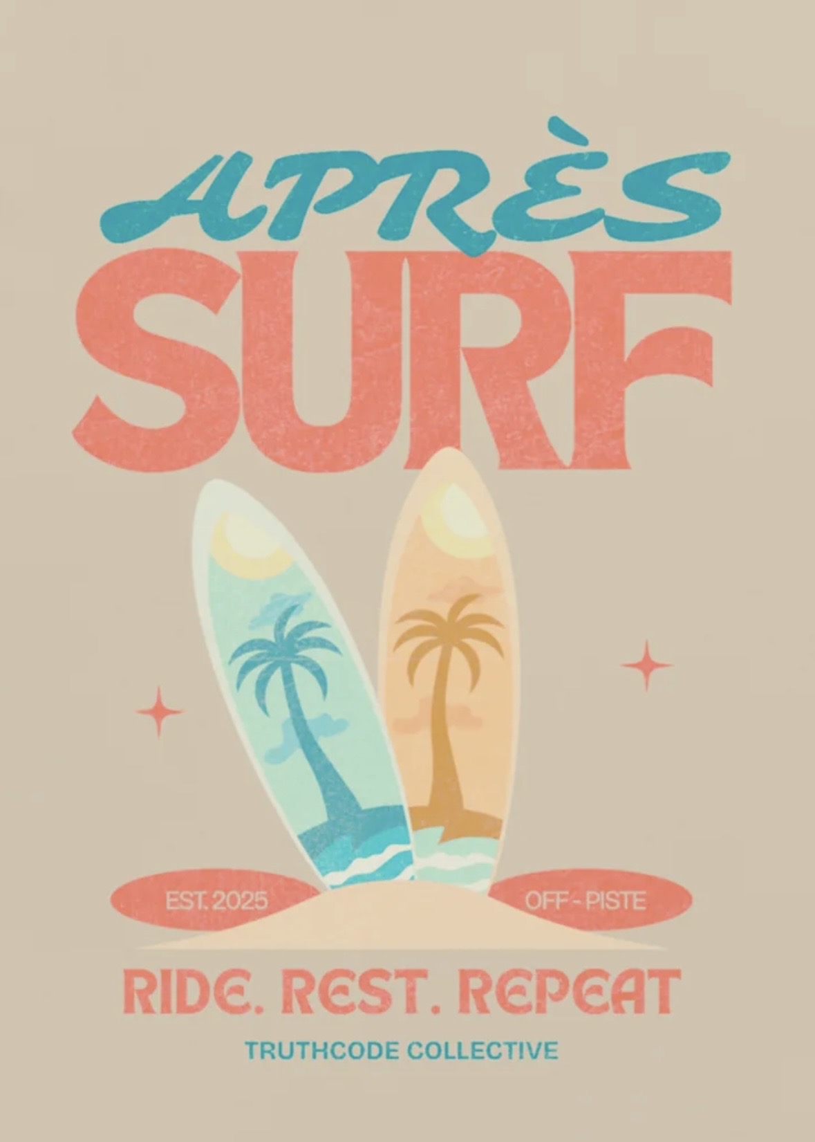 Close view of beige t-shirt with vintage-style poster with 'Après Surf, ride. rest. repeat' text and two surfboards