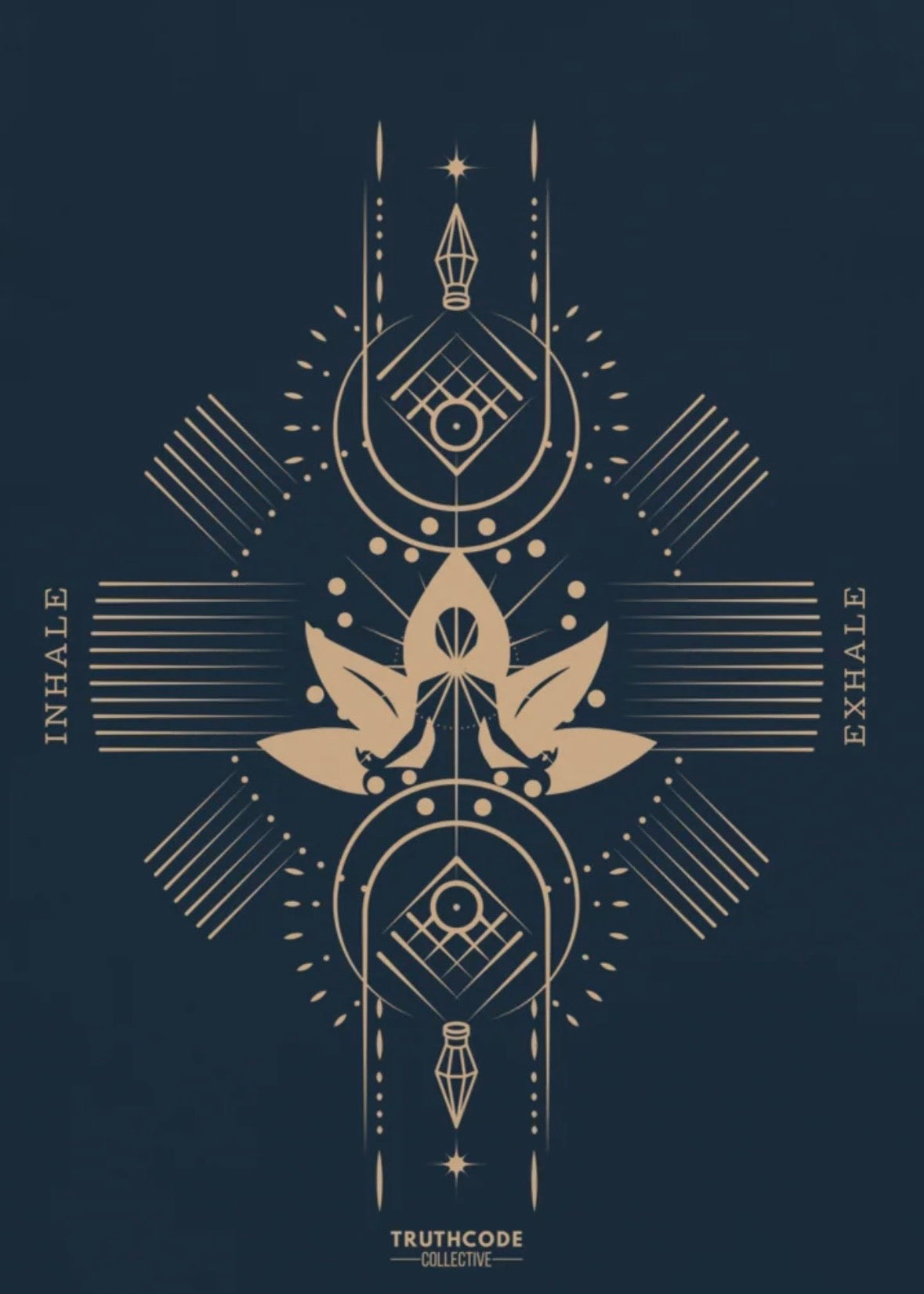 Close view of navy tee with geometric design, lotus flower and text 'Inhale, exhale' 