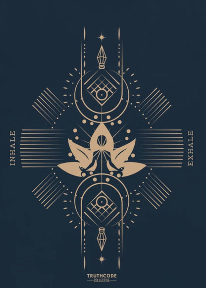Close view of navy tee with geometric design, lotus flower and text 'Inhale, exhale' 