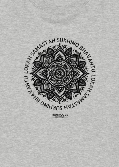 Close view of gray t-shirt with a black mandala design and text around the mandala