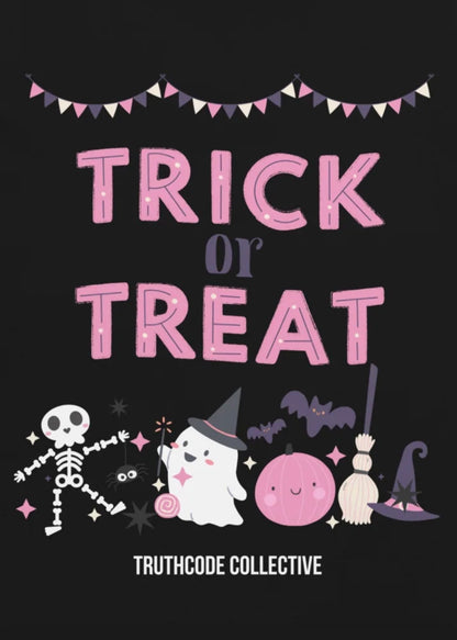 Halloween-themed design with 'Trick or Treat' text and cartoon characters on a black t-shirt background.