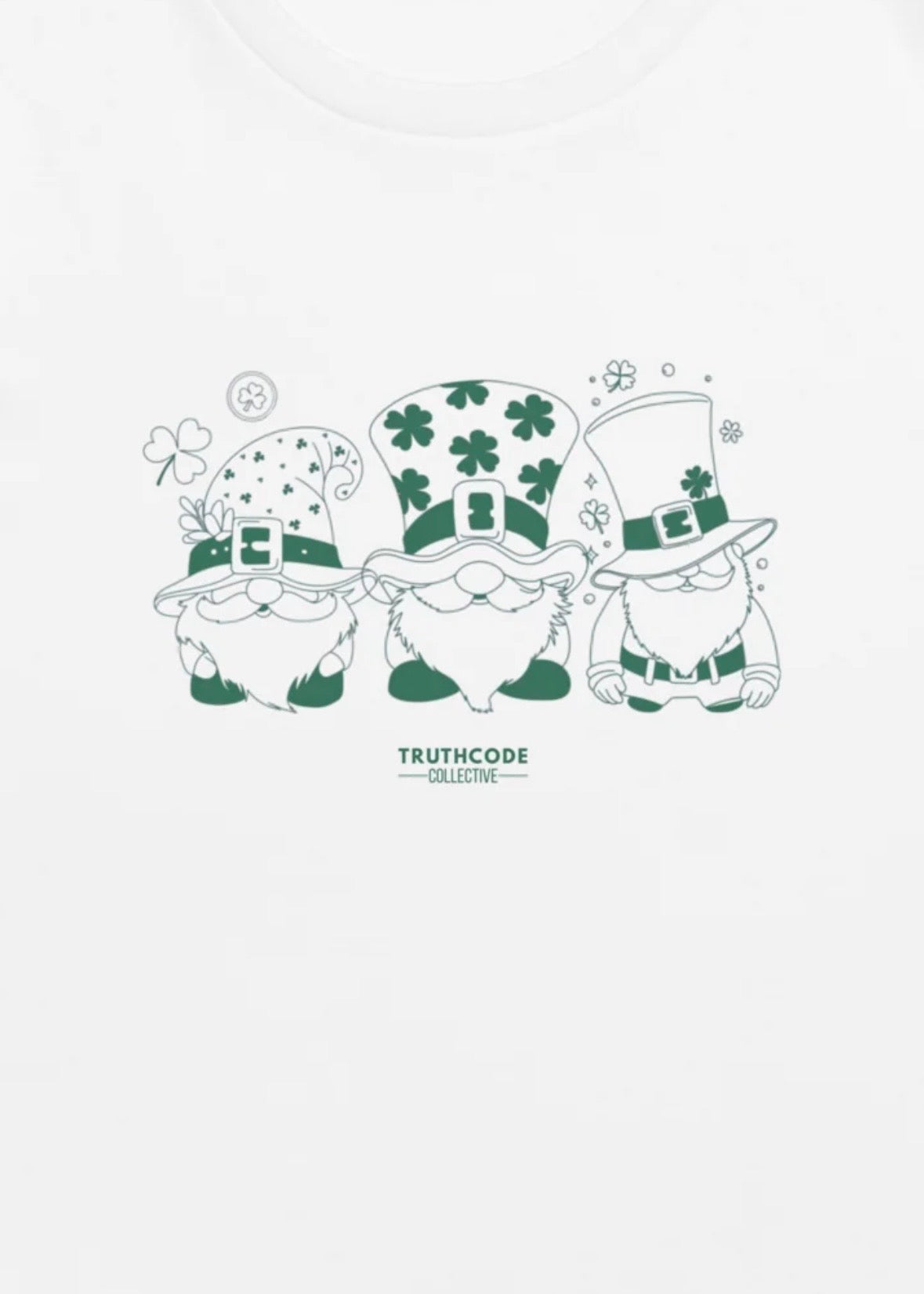 Close view of three gnomes with leprechaun hats and clovers on a white background, featuring the 'Truthcode' collection.