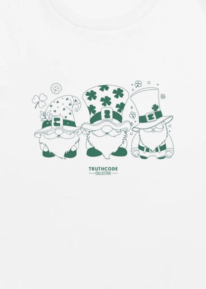 Close view of three gnomes with leprechaun hats and clovers on a white background, featuring the 'Truthcode' collection.