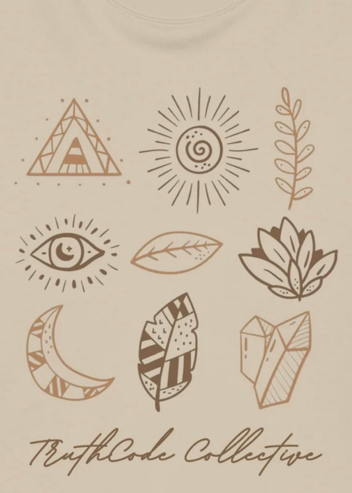 Close view of beige t-shirt with a graphic design of a collection of geometric and nature-themed symbols with 'TruthCode Collective' 