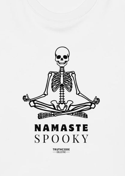 Skeleton in a meditative pose with 'Namaste Spooky' text on a white sweatshirt background