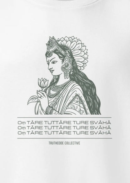 Close view of white organic sweatshirt with a graphic of a woman representing Green Tara holding a flower and mantra text, on a white background