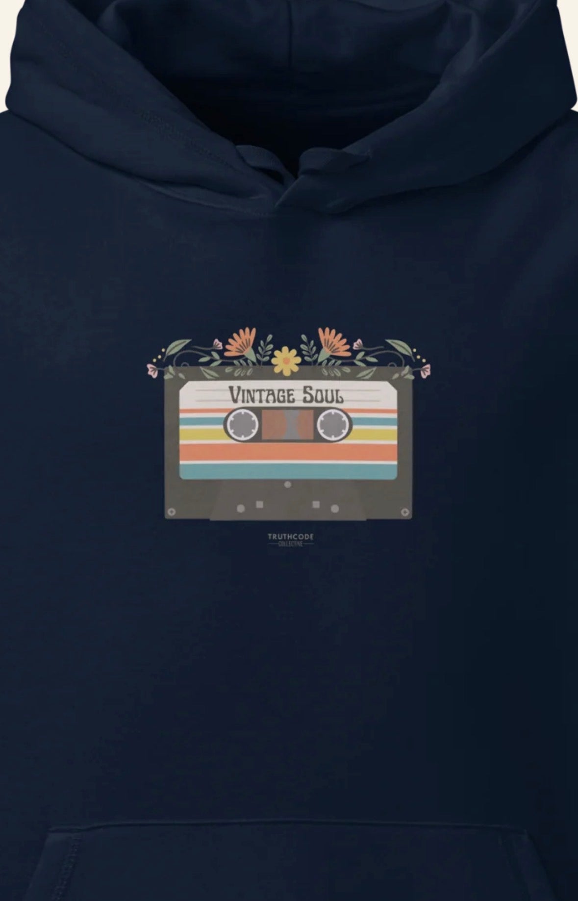 Navy blue hoodie with a cassette tape design and 'Vintage Soul' text on a dark background