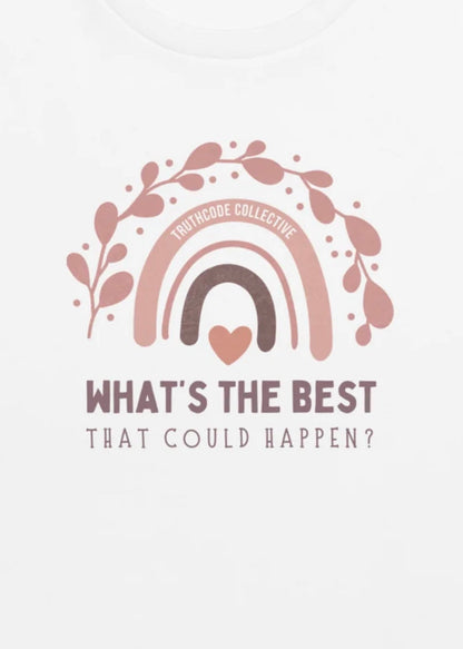 Close view of graphic design of rainbow, heart, and text 'What's the best that could happen?' 